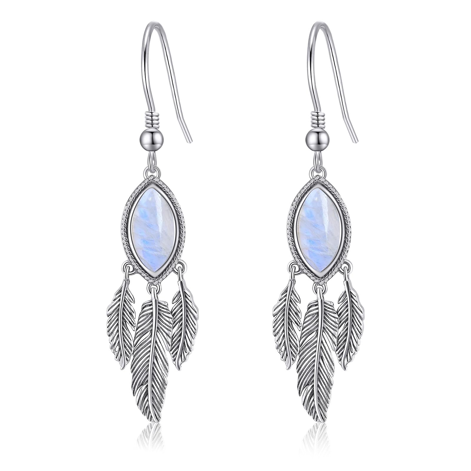 Feather Dangle Earrings for Women 925 Sterling Silver Earrings Turquoise/Labradorite/Black Onyx/Moonstone/Opal Drop Earrings with Feather Boho Vintage Leaf Hook Earrings Western Jewelry Gifts