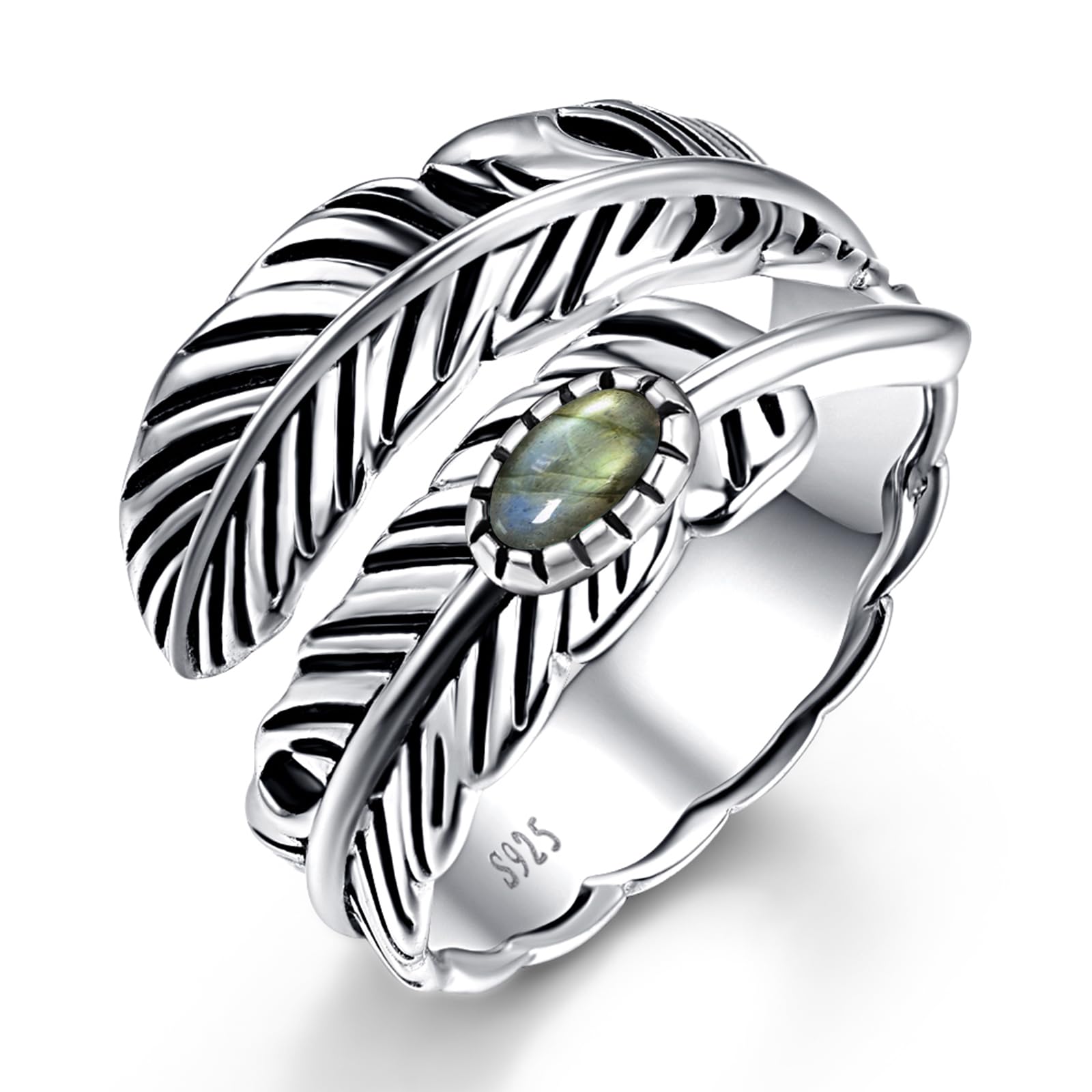 Sterling Silver Feather Ring with Black Onyx & Turquoise - Adjustable Stacking Vintage Statement Ring for Women & Men