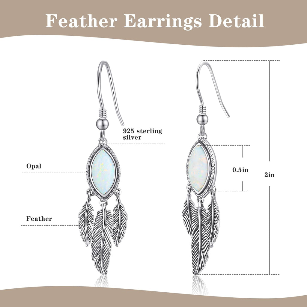 Feather Dangle Earrings for Women 925 Sterling Silver Earrings Turquoise/Labradorite/Black Onyx/Moonstone/Opal Drop Earrings with Feather Boho Vintage Leaf Hook Earrings Western Jewelry Gifts