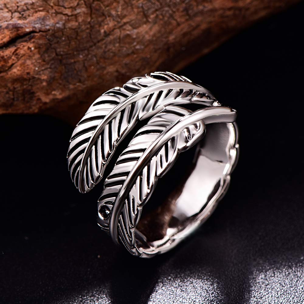 Sterling Silver Feather Ring with Black Onyx & Turquoise - Adjustable Stacking Vintage Statement Ring for Women & Men