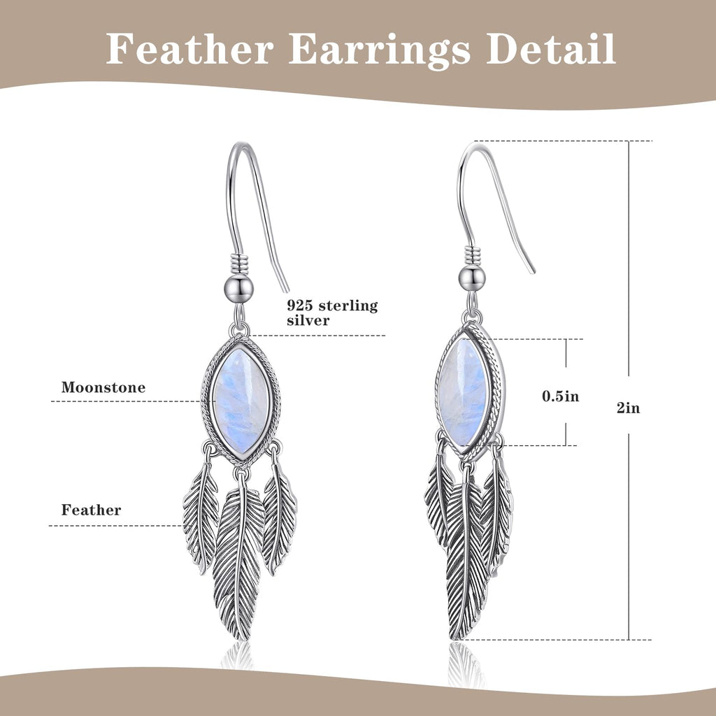 Feather Dangle Earrings for Women 925 Sterling Silver Earrings Turquoise/Labradorite/Black Onyx/Moonstone/Opal Drop Earrings with Feather Boho Vintage Leaf Hook Earrings Western Jewelry Gifts