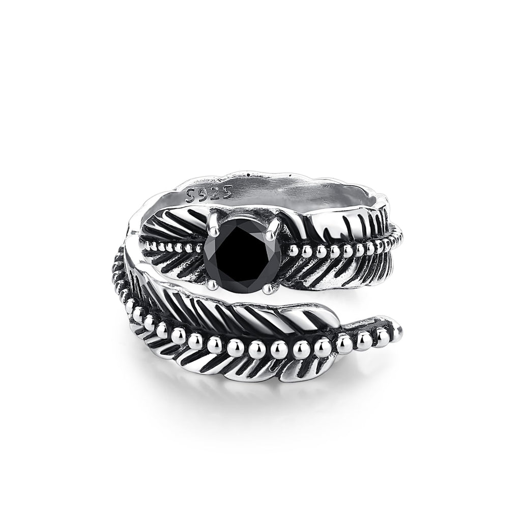 Sterling Silver Feather Ring with Black Onyx & Turquoise - Adjustable Stacking Vintage Statement Ring for Women & Men
