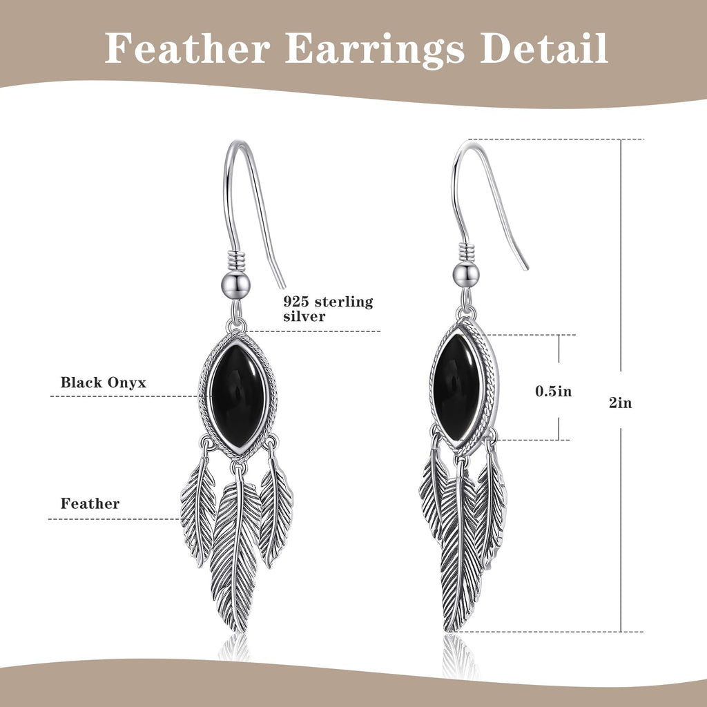 Feather Dangle Earrings for Women 925 Sterling Silver Earrings Turquoise/Labradorite/Black Onyx/Moonstone/Opal Drop Earrings with Feather Boho Vintage Leaf Hook Earrings Western Jewelry Gifts