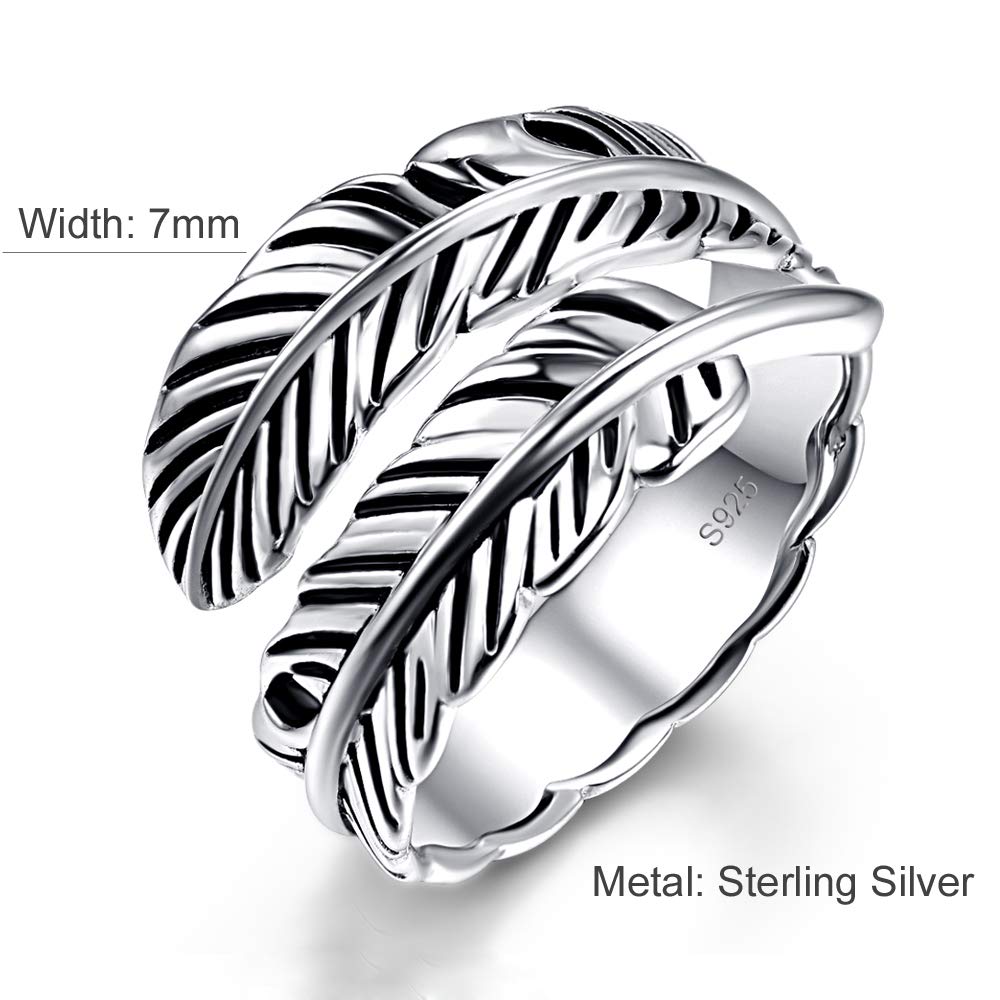 Sterling Silver Feather Ring with Black Onyx & Turquoise - Adjustable Stacking Vintage Statement Ring for Women & Men