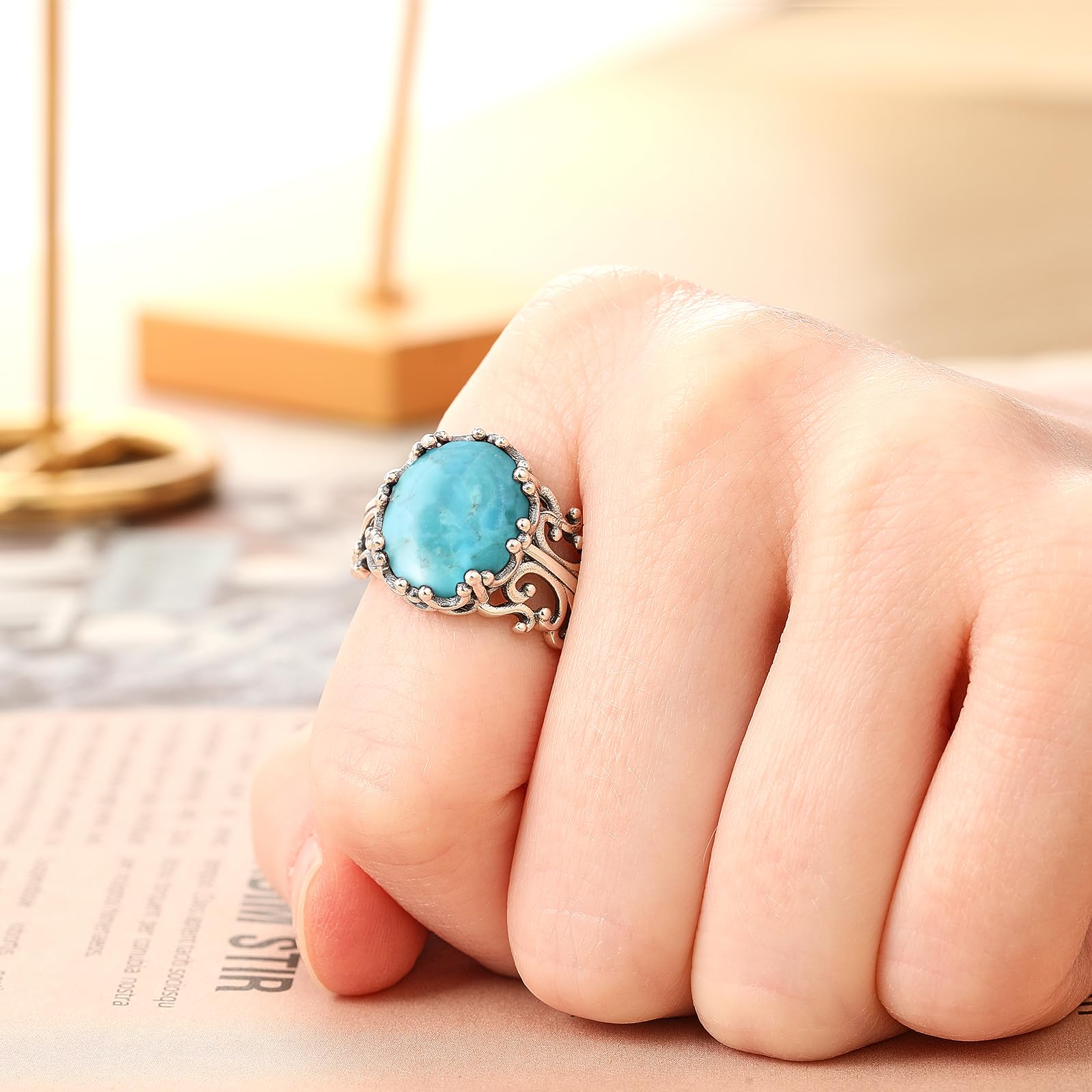 Turquoise Rings for Women 925 Sterling Silver Adjustable Ring Vintage Filigree Engagement Ring With Oval Turquoise Promise Rings for Her Birthday Jewellery Gifts