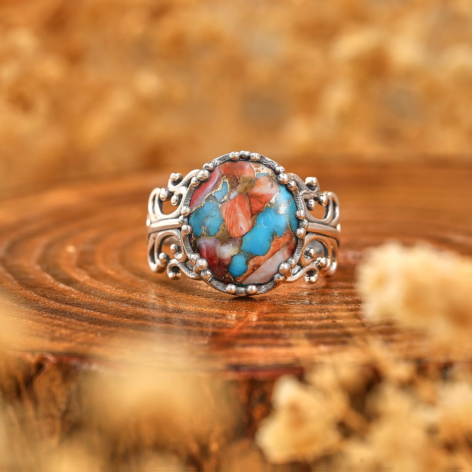Turquoise Rings for Women 925 Sterling Silver Adjustable Ring Vintage Filigree Engagement Ring With Oval Turquoise Promise Rings for Her Birthday Jewellery Gifts