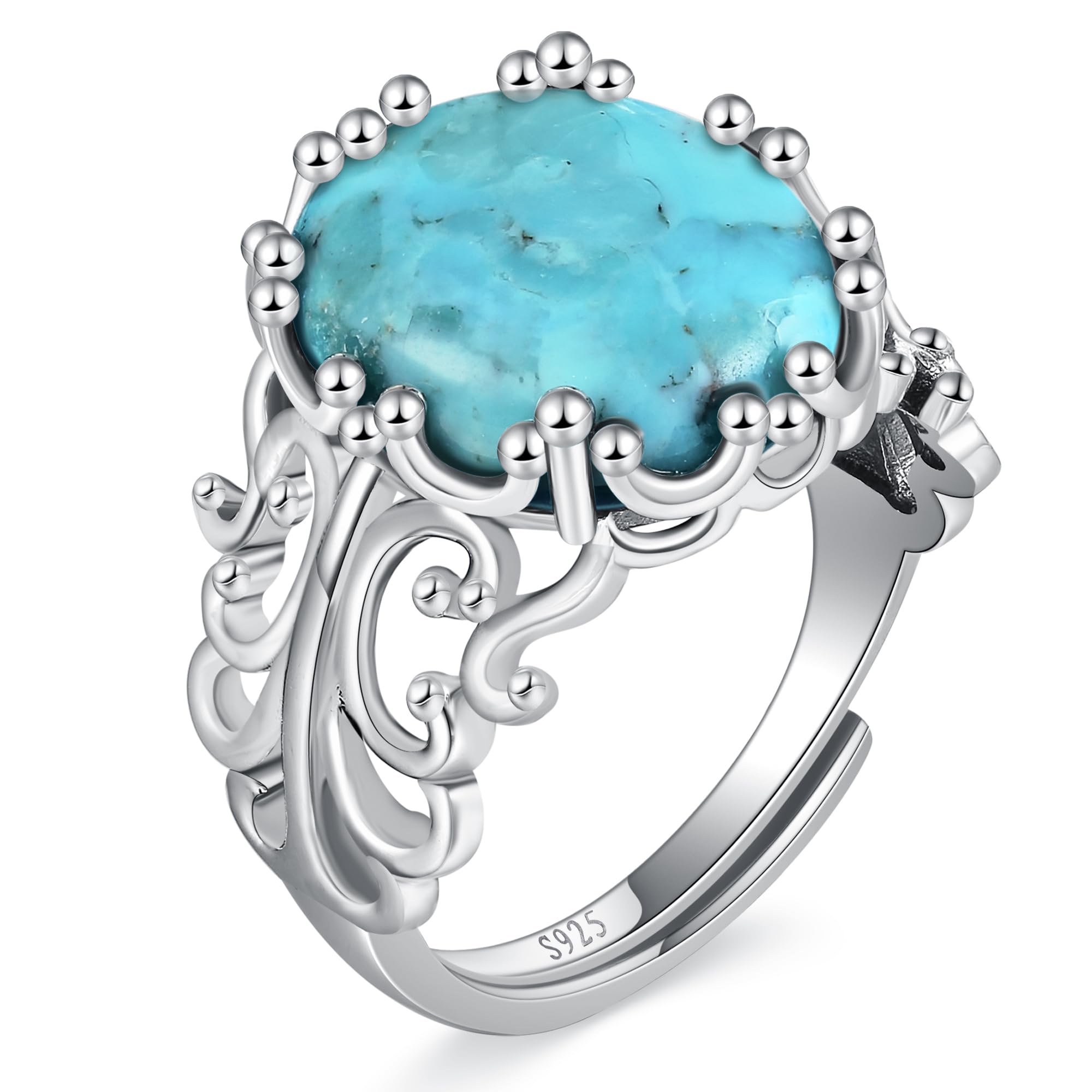 Turquoise Rings for Women 925 Sterling Silver Adjustable Ring Vintage Filigree Engagement Ring With Oval Turquoise Promise Rings for Her Birthday Jewellery Gifts