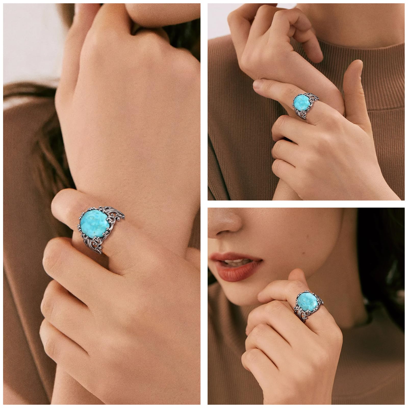 Turquoise Rings for Women 925 Sterling Silver Adjustable Ring Vintage Filigree Engagement Ring With Oval Turquoise Promise Rings for Her Birthday Jewellery Gifts