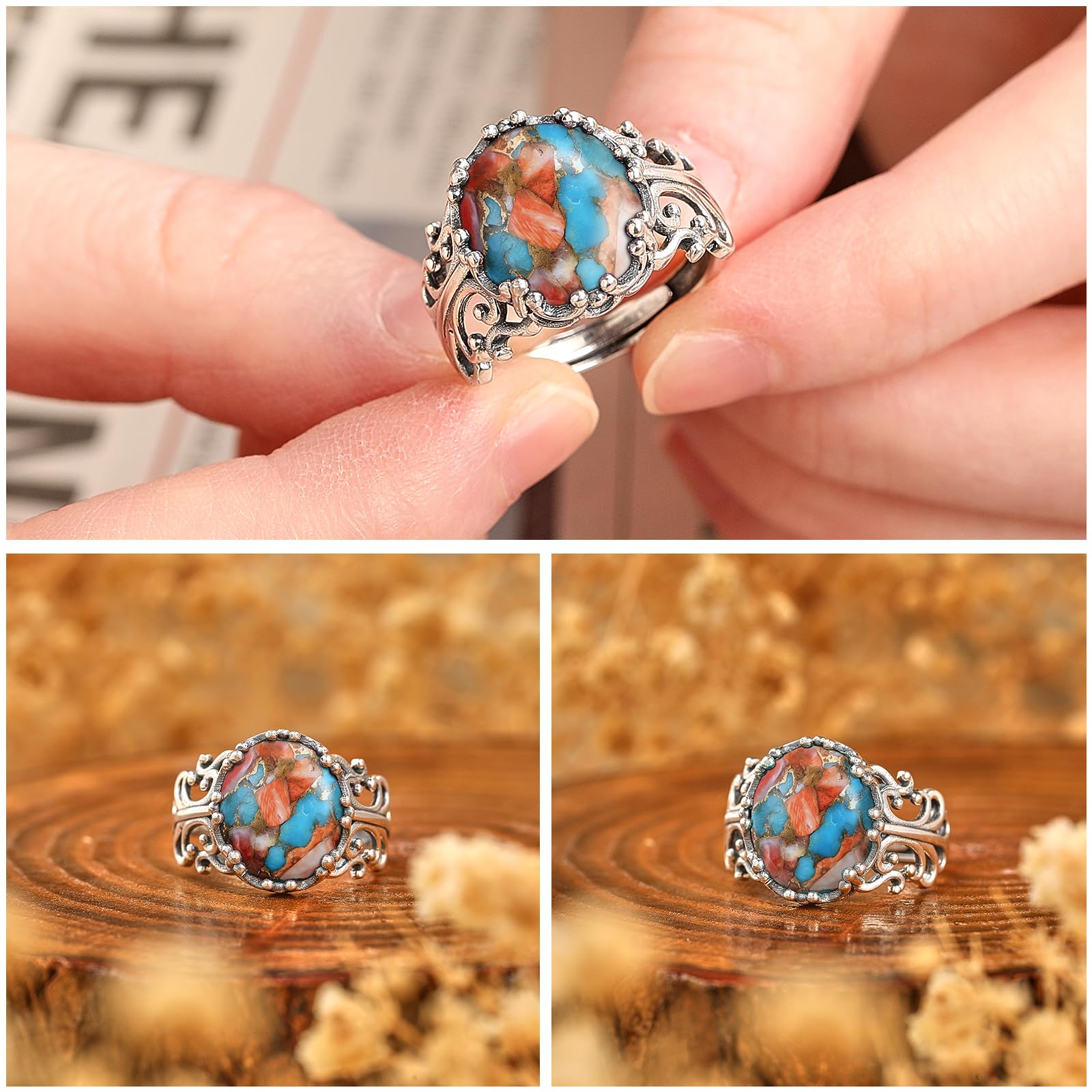 Turquoise Rings for Women 925 Sterling Silver Adjustable Ring Vintage Filigree Engagement Ring With Oval Turquoise Promise Rings for Her Birthday Jewellery Gifts