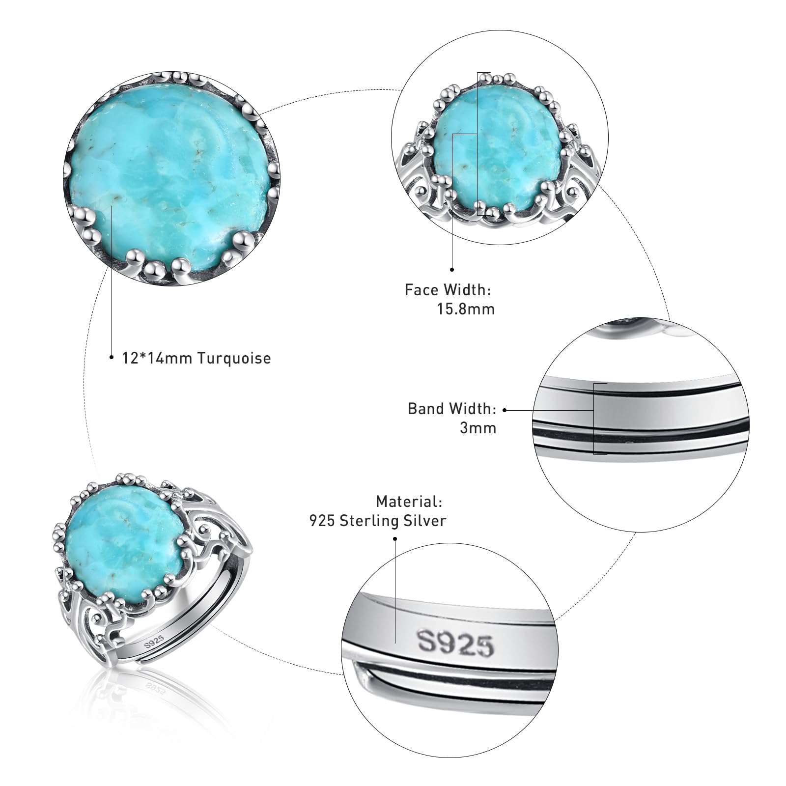 Turquoise Rings for Women 925 Sterling Silver Adjustable Ring Vintage Filigree Engagement Ring With Oval Turquoise Promise Rings for Her Birthday Jewellery Gifts