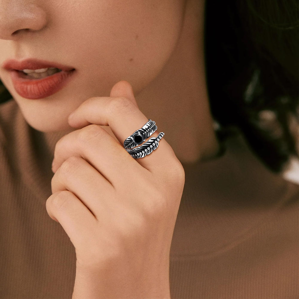 Sterling Silver Feather Ring with Black Onyx & Turquoise - Adjustable Stacking Vintage Statement Ring for Women & Men