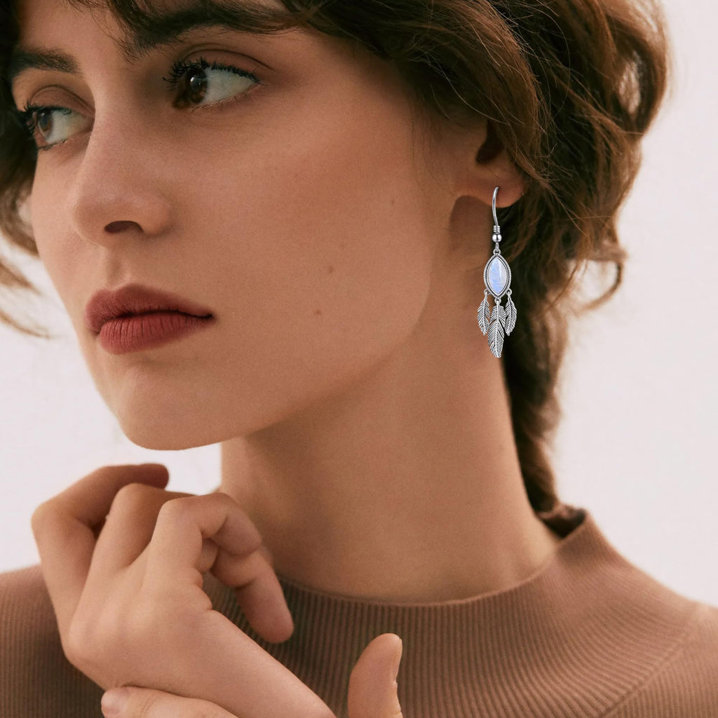 Feather Dangle Earrings for Women 925 Sterling Silver Earrings Turquoise/Labradorite/Black Onyx/Moonstone/Opal Drop Earrings with Feather Boho Vintage Leaf Hook Earrings Western Jewelry Gifts