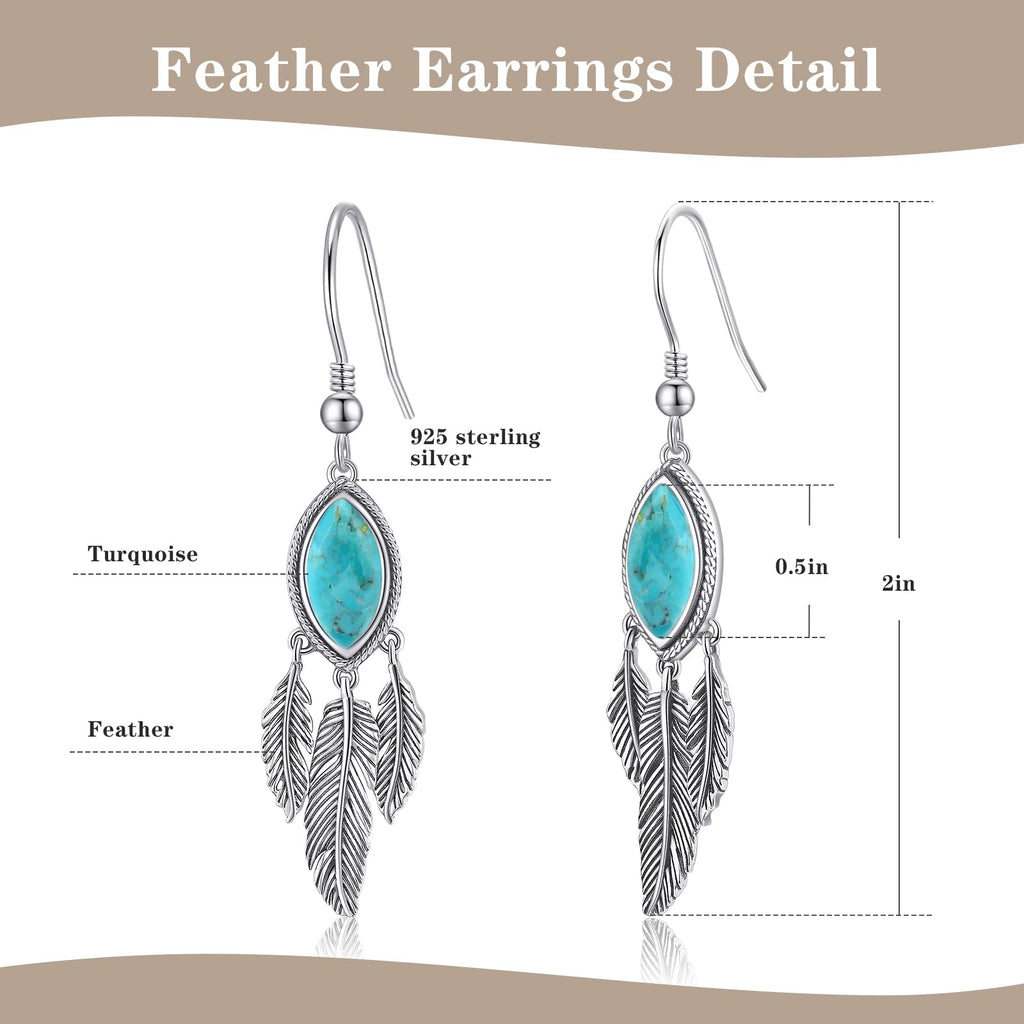Feather Dangle Earrings for Women 925 Sterling Silver Earrings Turquoise/Labradorite/Black Onyx/Moonstone/Opal Drop Earrings with Feather Boho Vintage Leaf Hook Earrings Western Jewelry Gifts