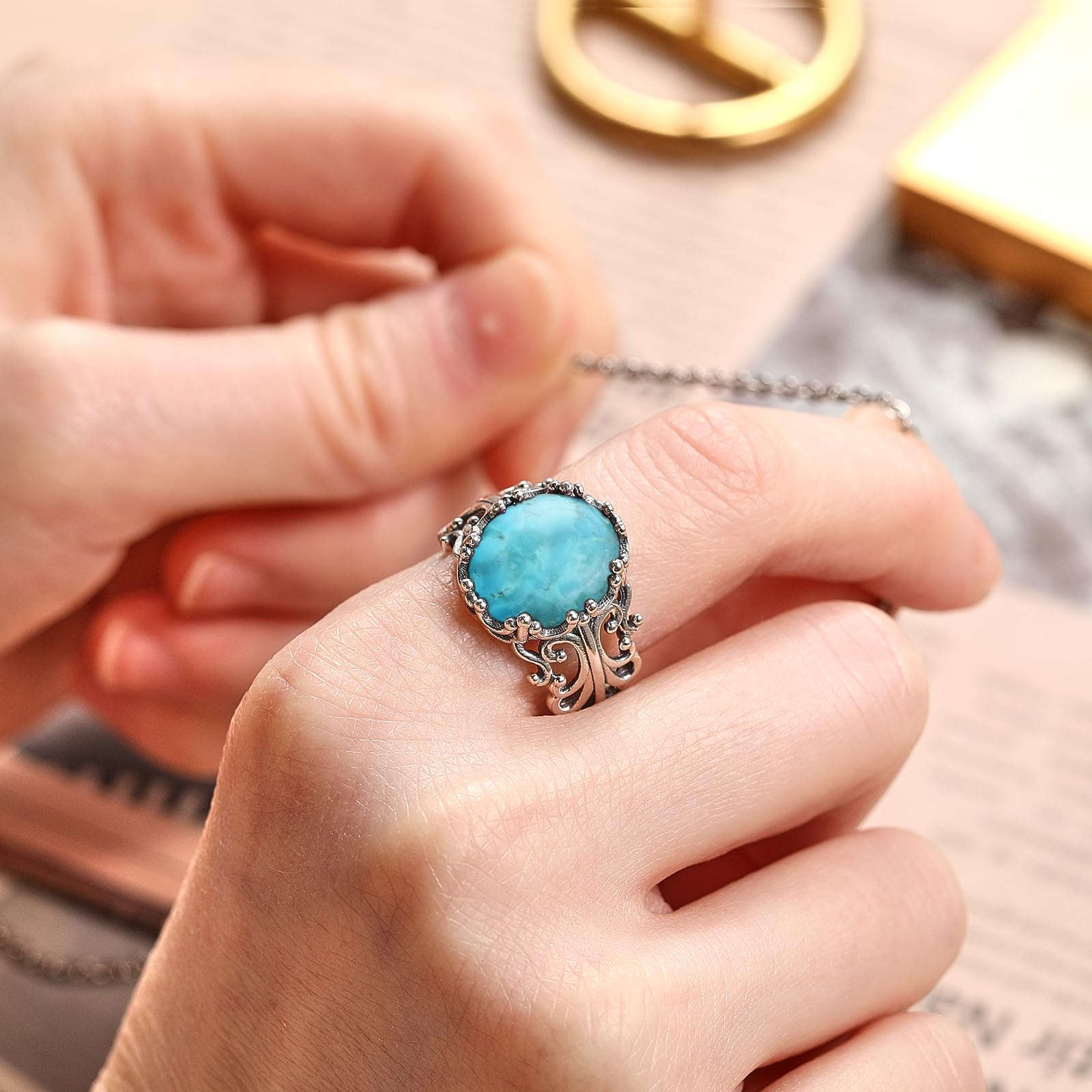 Turquoise Rings for Women 925 Sterling Silver Adjustable Ring Vintage Filigree Engagement Ring With Oval Turquoise Promise Rings for Her Birthday Jewellery Gifts