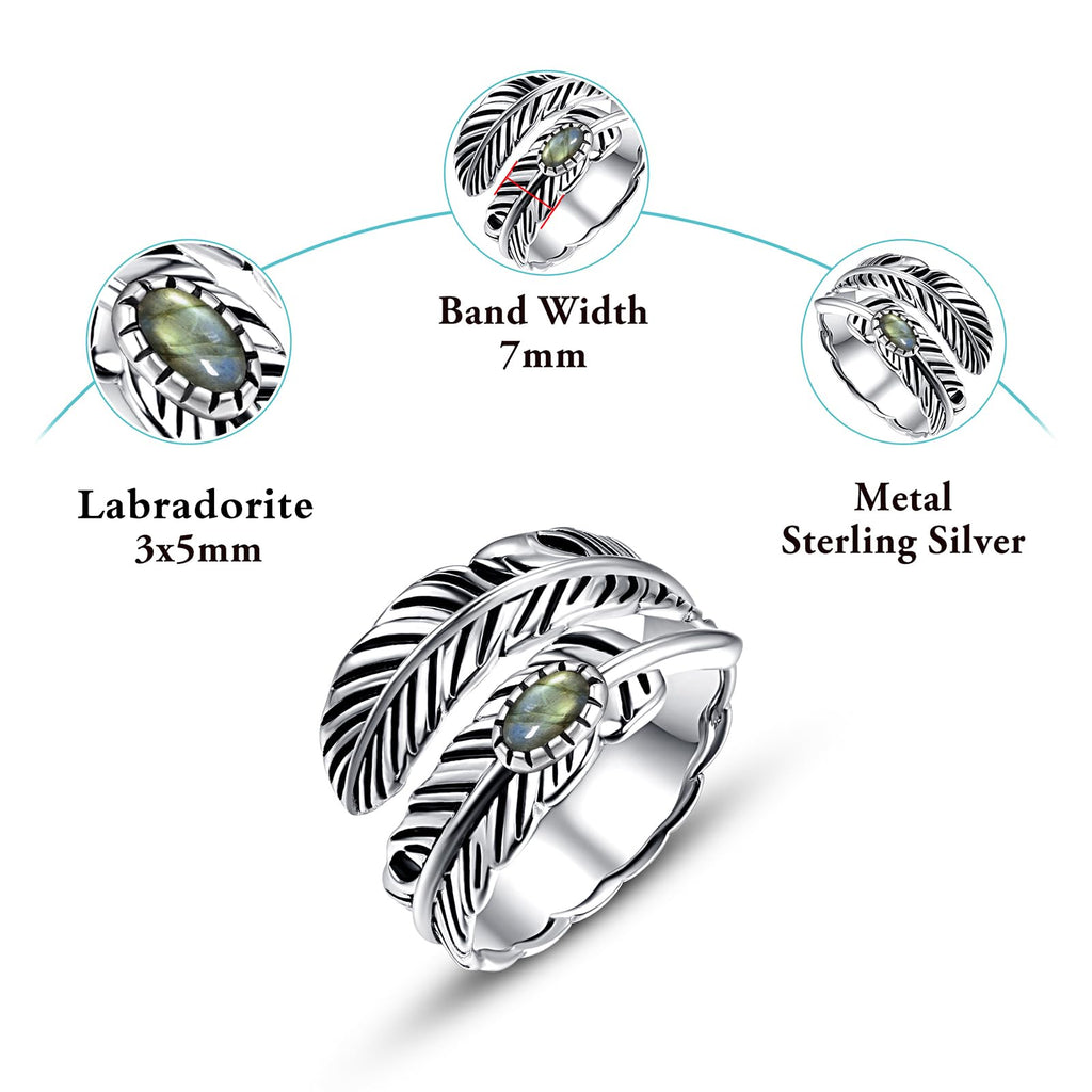 Sterling Silver Feather Ring with Black Onyx & Turquoise - Adjustable Stacking Vintage Statement Ring for Women & Men