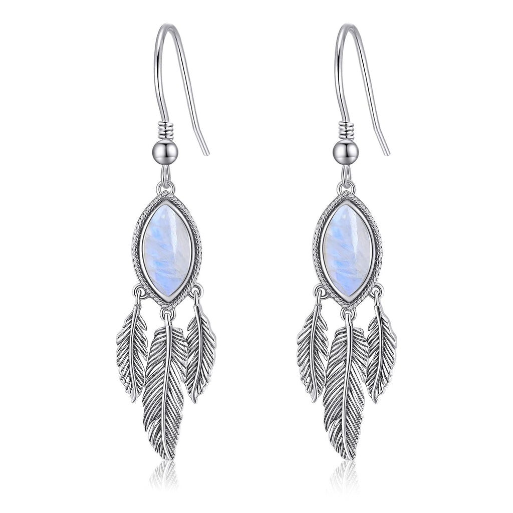 Feather Dangle Earrings for Women 925 Sterling Silver Earrings Turquoise/Labradorite/Black Onyx/Moonstone/Opal Drop Earrings with Feather Boho Vintage Leaf Hook Earrings Western Jewelry Gifts