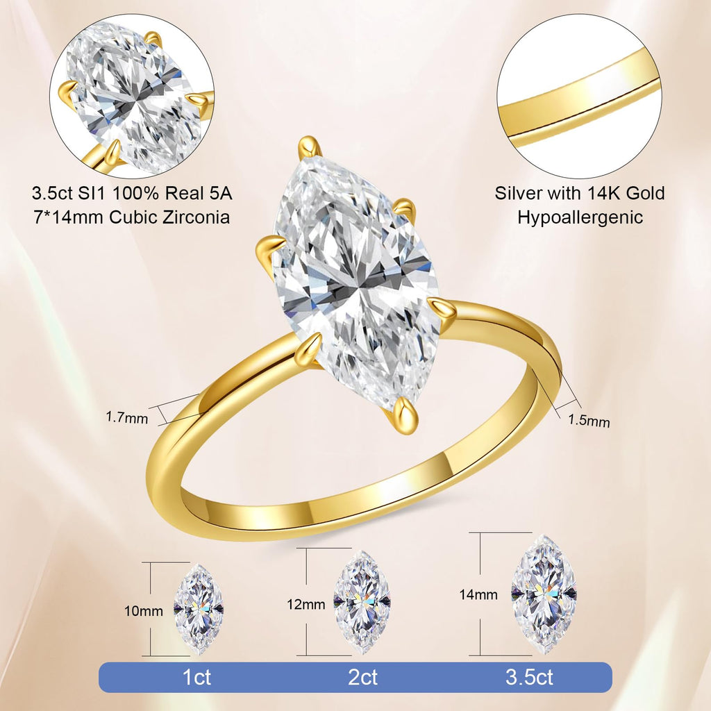 3.5CT Marquise Cut Engagement Ring for Women, Wedding Promise Cubic Zirconia Band, 14K Gold/White Gold Plated Simulated Diamond Rings Size 5-9