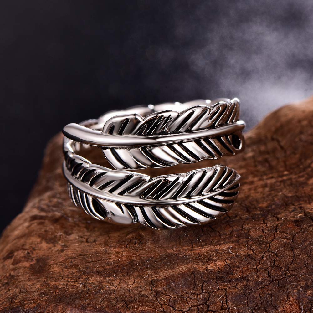 Sterling Silver Feather Ring with Black Onyx & Turquoise - Adjustable Stacking Vintage Statement Ring for Women & Men