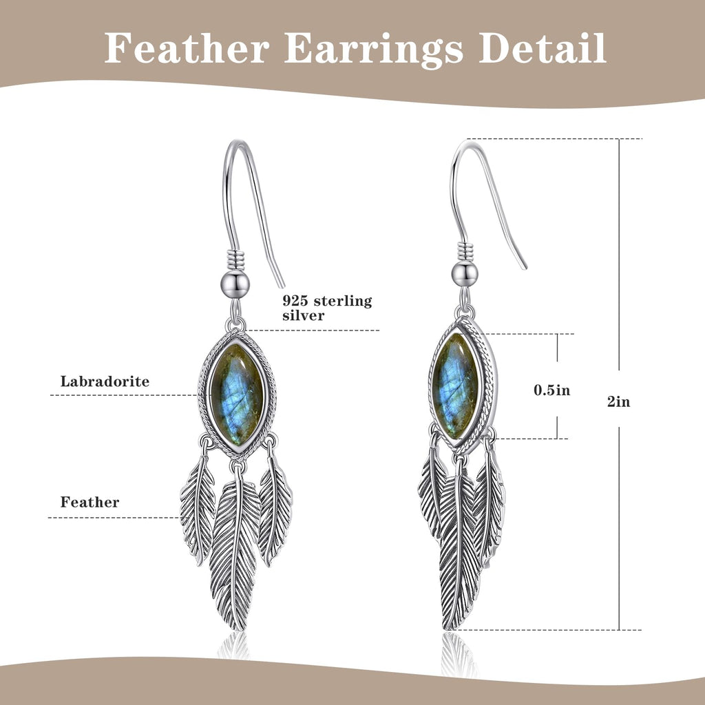 Feather Dangle Earrings for Women 925 Sterling Silver Earrings Turquoise/Labradorite/Black Onyx/Moonstone/Opal Drop Earrings with Feather Boho Vintage Leaf Hook Earrings Western Jewelry Gifts