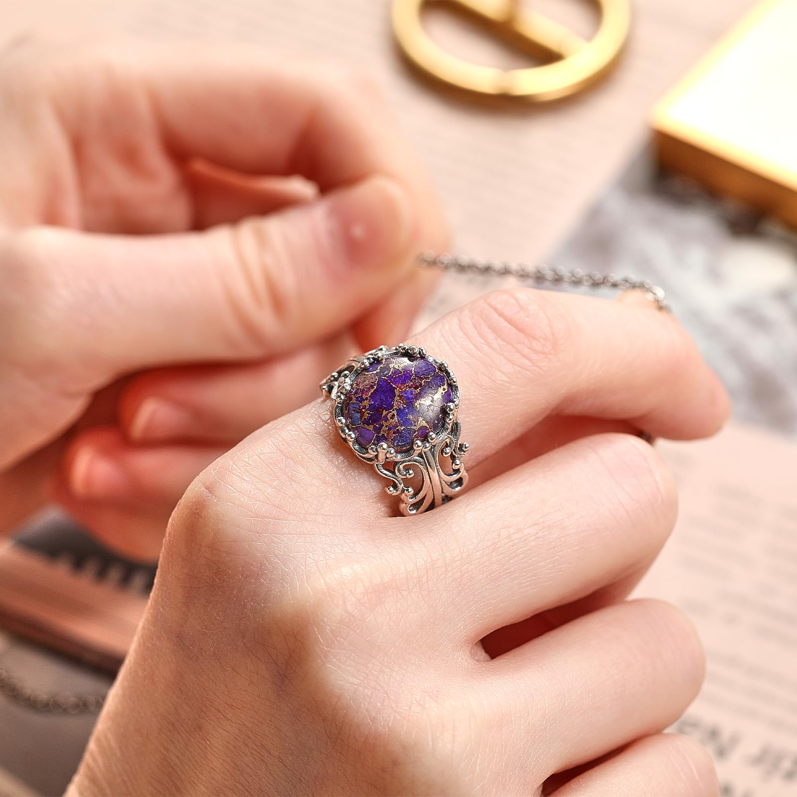 Turquoise Rings for Women 925 Sterling Silver Adjustable Ring Vintage Filigree Engagement Ring With Oval Turquoise Promise Rings for Her Birthday Jewellery Gifts