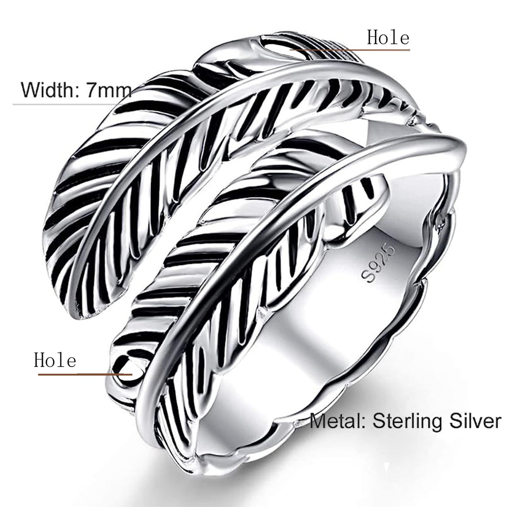 Sterling Silver Feather Ring with Black Onyx & Turquoise - Adjustable Stacking Vintage Statement Ring for Women & Men