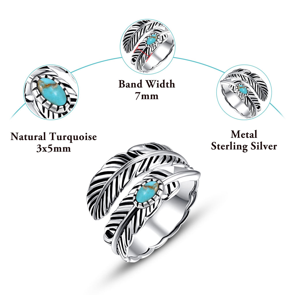 Sterling Silver Feather Ring with Black Onyx & Turquoise - Adjustable Stacking Vintage Statement Ring for Women & Men