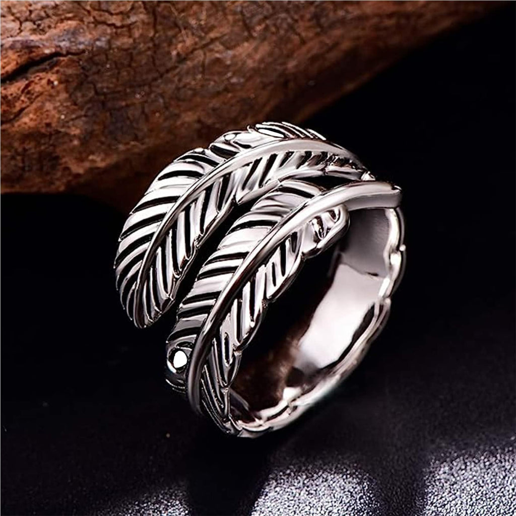 Sterling Silver Feather Ring with Black Onyx & Turquoise - Adjustable Stacking Vintage Statement Ring for Women & Men