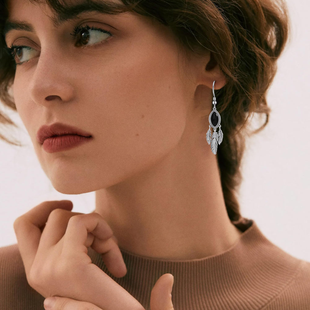 Feather Dangle Earrings for Women 925 Sterling Silver Earrings Turquoise/Labradorite/Black Onyx/Moonstone/Opal Drop Earrings with Feather Boho Vintage Leaf Hook Earrings Western Jewelry Gifts