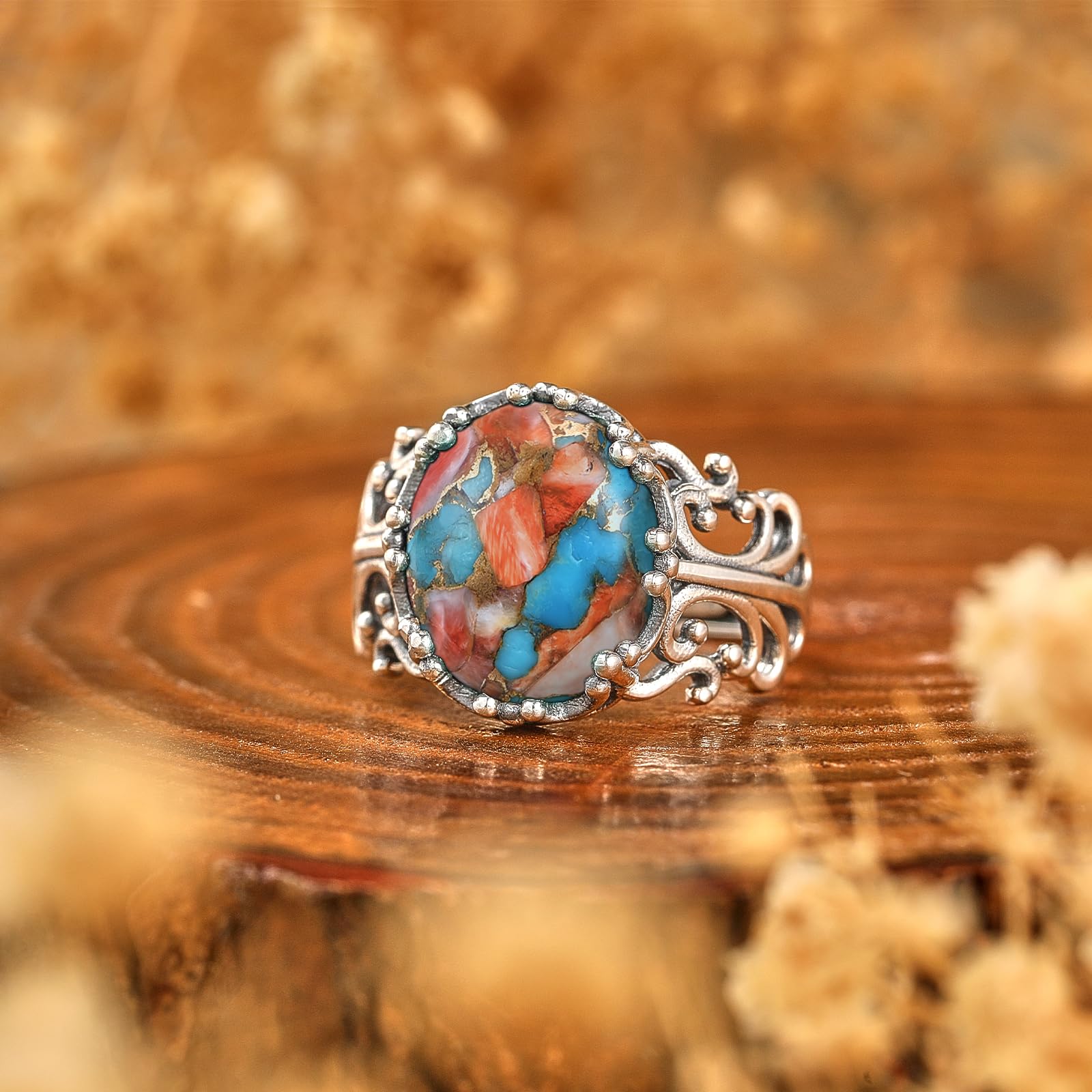 Turquoise Rings for Women 925 Sterling Silver Adjustable Ring Vintage Filigree Engagement Ring With Oval Turquoise Promise Rings for Her Birthday Jewellery Gifts