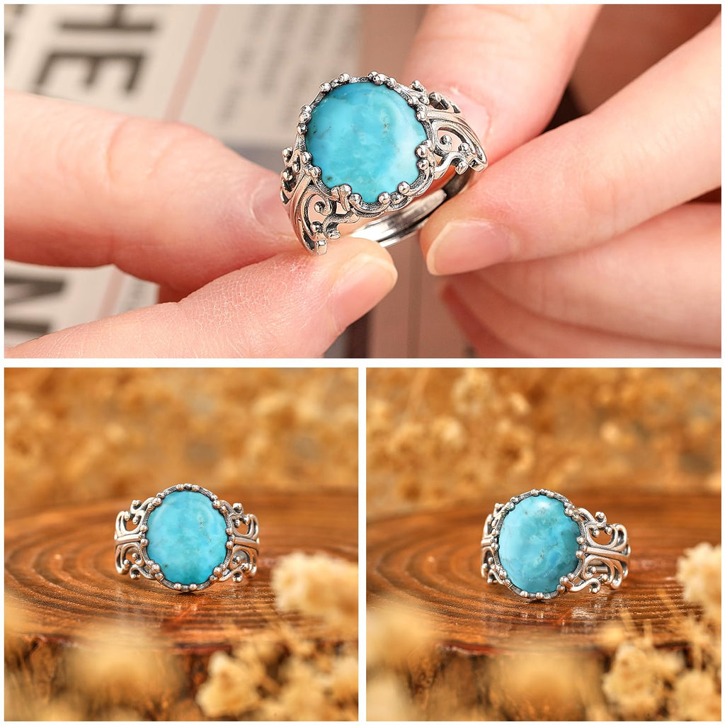 Turquoise Rings for Women 925 Sterling Silver Adjustable Ring Vintage Filigree Engagement Ring With Oval Turquoise Promise Rings for Her Birthday Jewellery Gifts