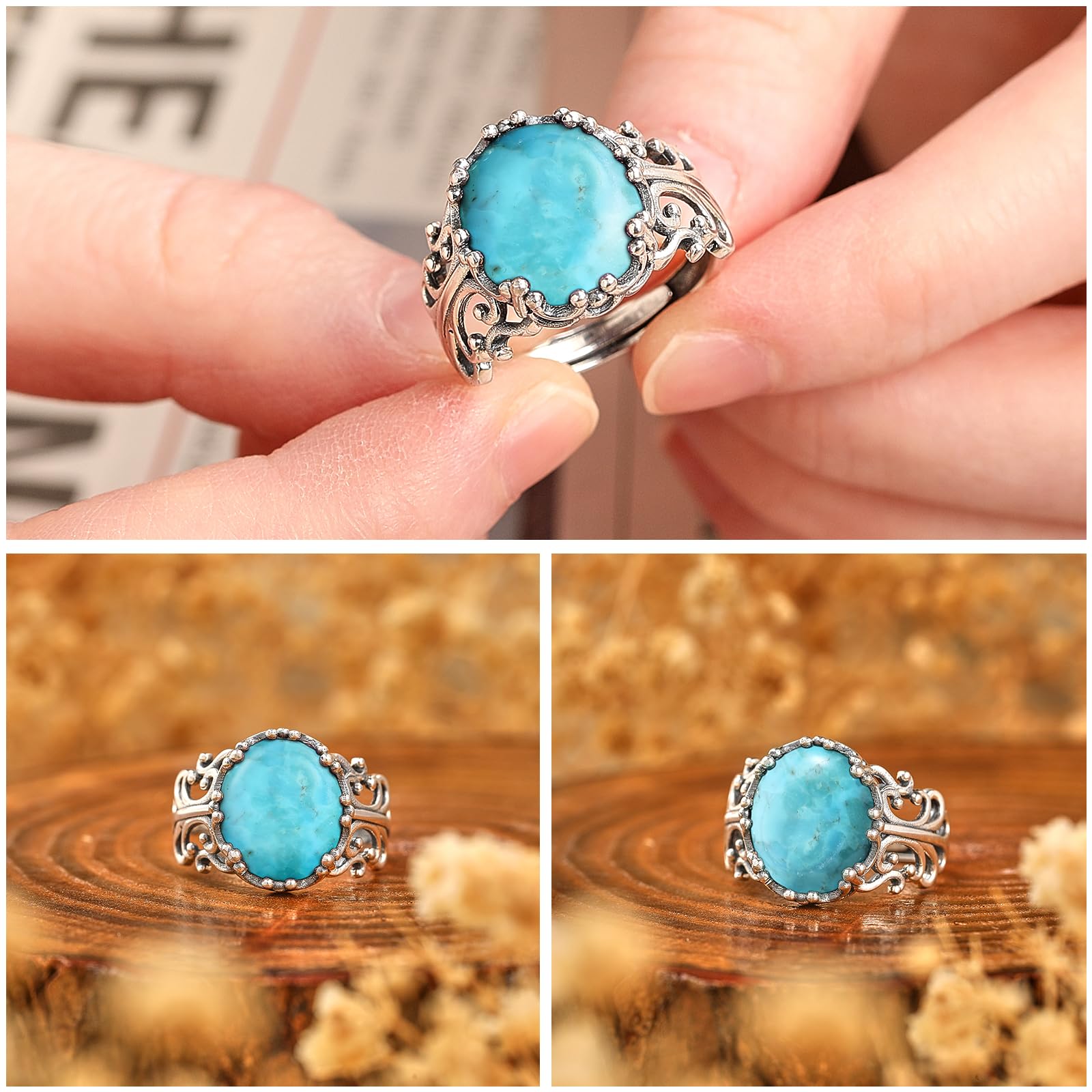 Turquoise Rings for Women 925 Sterling Silver Adjustable Ring Vintage Filigree Engagement Ring With Oval Turquoise Promise Rings for Her Birthday Jewellery Gifts