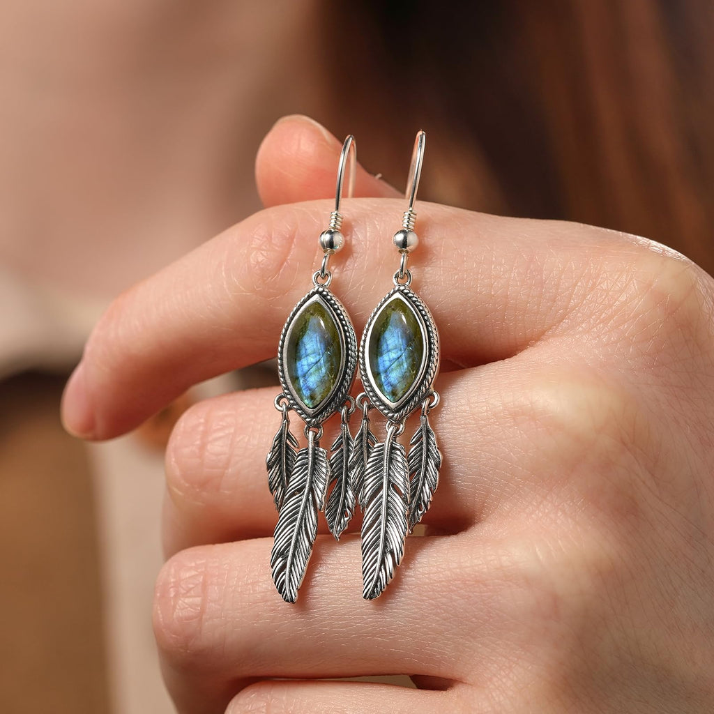 Feather Dangle Earrings for Women 925 Sterling Silver Earrings Turquoise/Labradorite/Black Onyx/Moonstone/Opal Drop Earrings with Feather Boho Vintage Leaf Hook Earrings Western Jewelry Gifts