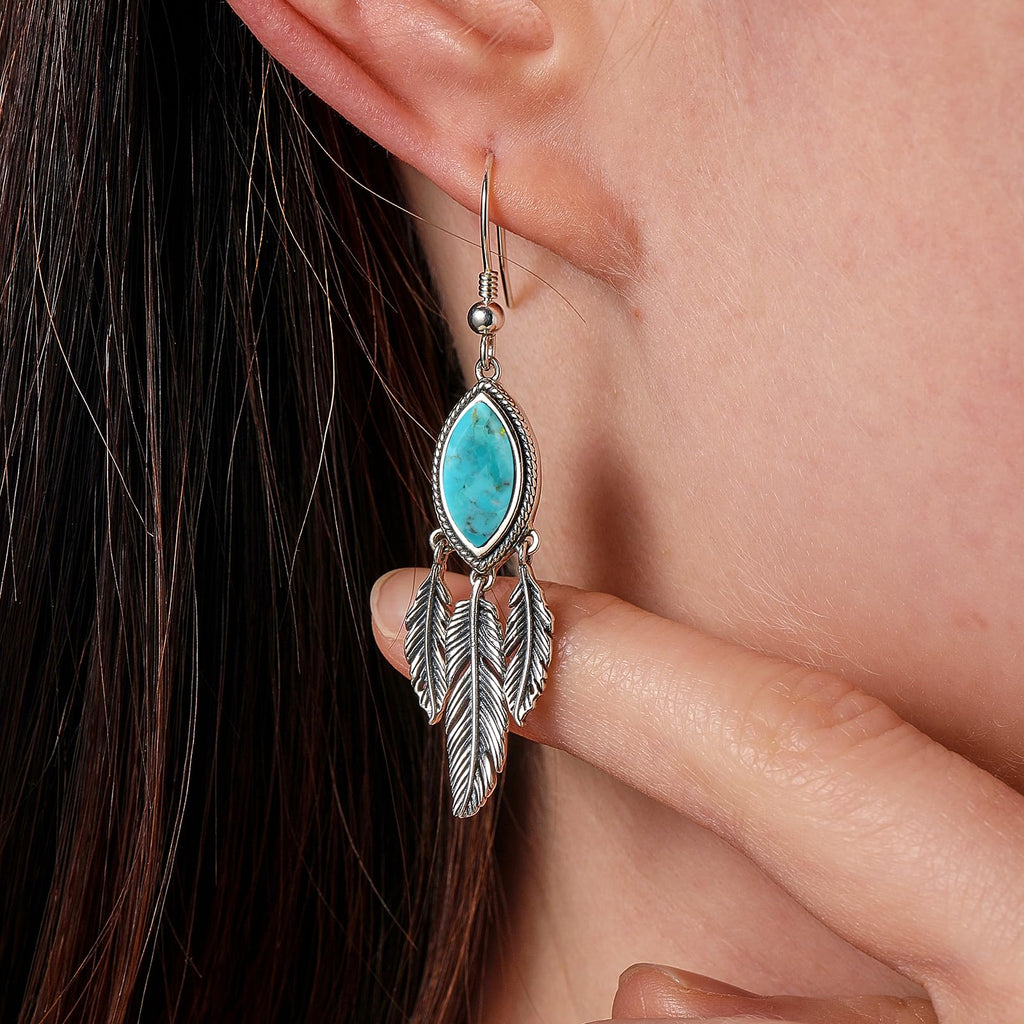 Feather Dangle Earrings for Women 925 Sterling Silver Earrings Turquoise/Labradorite/Black Onyx/Moonstone/Opal Drop Earrings with Feather Boho Vintage Leaf Hook Earrings Western Jewelry Gifts