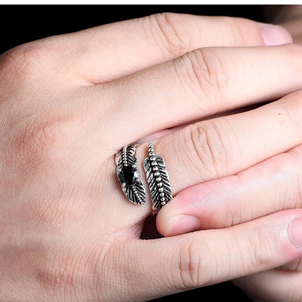 Sterling Silver Feather Ring with Black Onyx & Turquoise - Adjustable Stacking Vintage Statement Ring for Women & Men