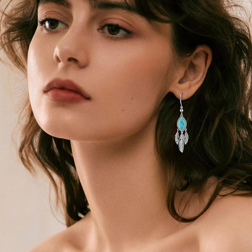 Feather Dangle Earrings for Women 925 Sterling Silver Earrings Turquoise/Labradorite/Black Onyx/Moonstone/Opal Drop Earrings with Feather Boho Vintage Leaf Hook Earrings Western Jewelry Gifts
