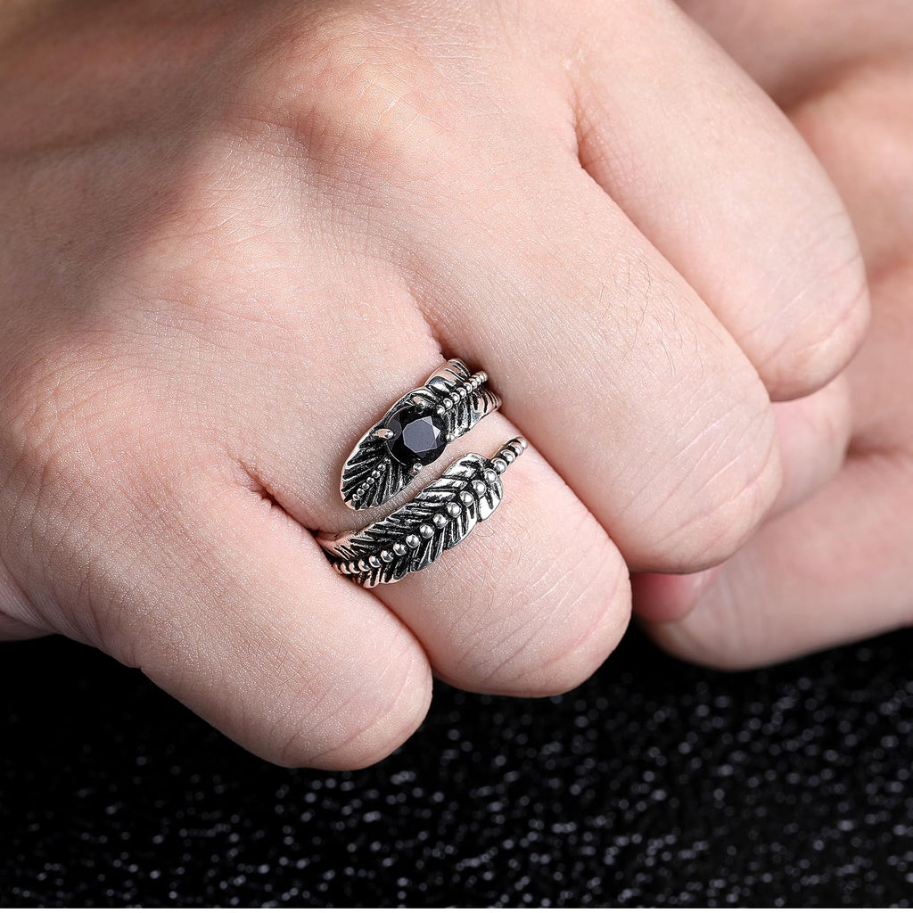 Sterling Silver Feather Ring with Black Onyx & Turquoise - Adjustable Stacking Vintage Statement Ring for Women & Men