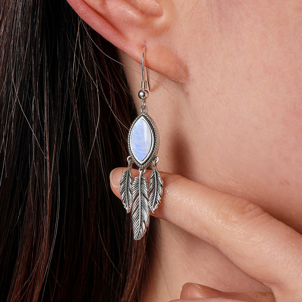 Feather Dangle Earrings for Women 925 Sterling Silver Earrings Turquoise/Labradorite/Black Onyx/Moonstone/Opal Drop Earrings with Feather Boho Vintage Leaf Hook Earrings Western Jewelry Gifts