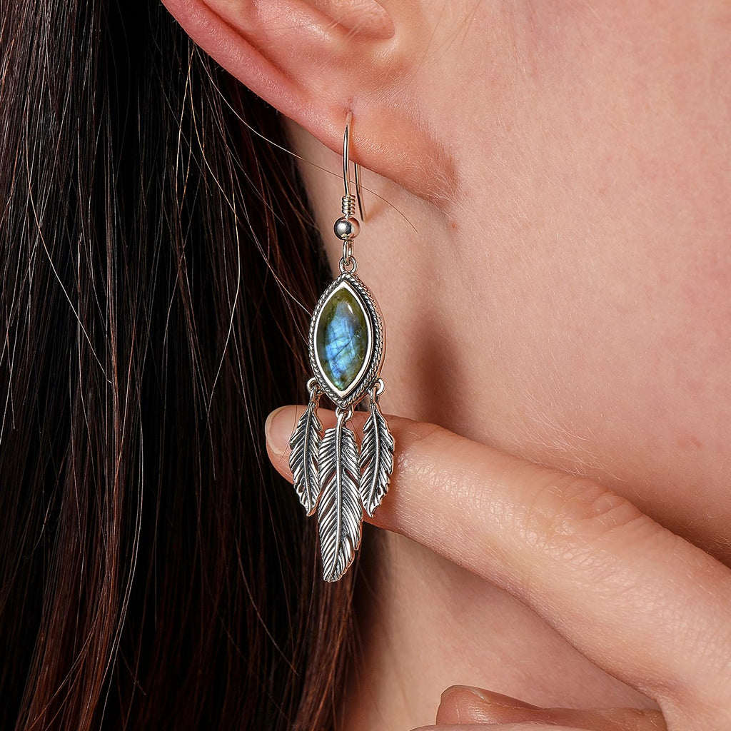 Feather Dangle Earrings for Women 925 Sterling Silver Earrings Turquoise/Labradorite/Black Onyx/Moonstone/Opal Drop Earrings with Feather Boho Vintage Leaf Hook Earrings Western Jewelry Gifts