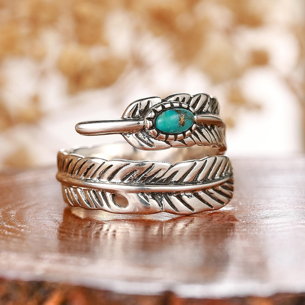 Sterling Silver Feather Ring with Black Onyx & Turquoise - Adjustable Stacking Vintage Statement Ring for Women & Men
