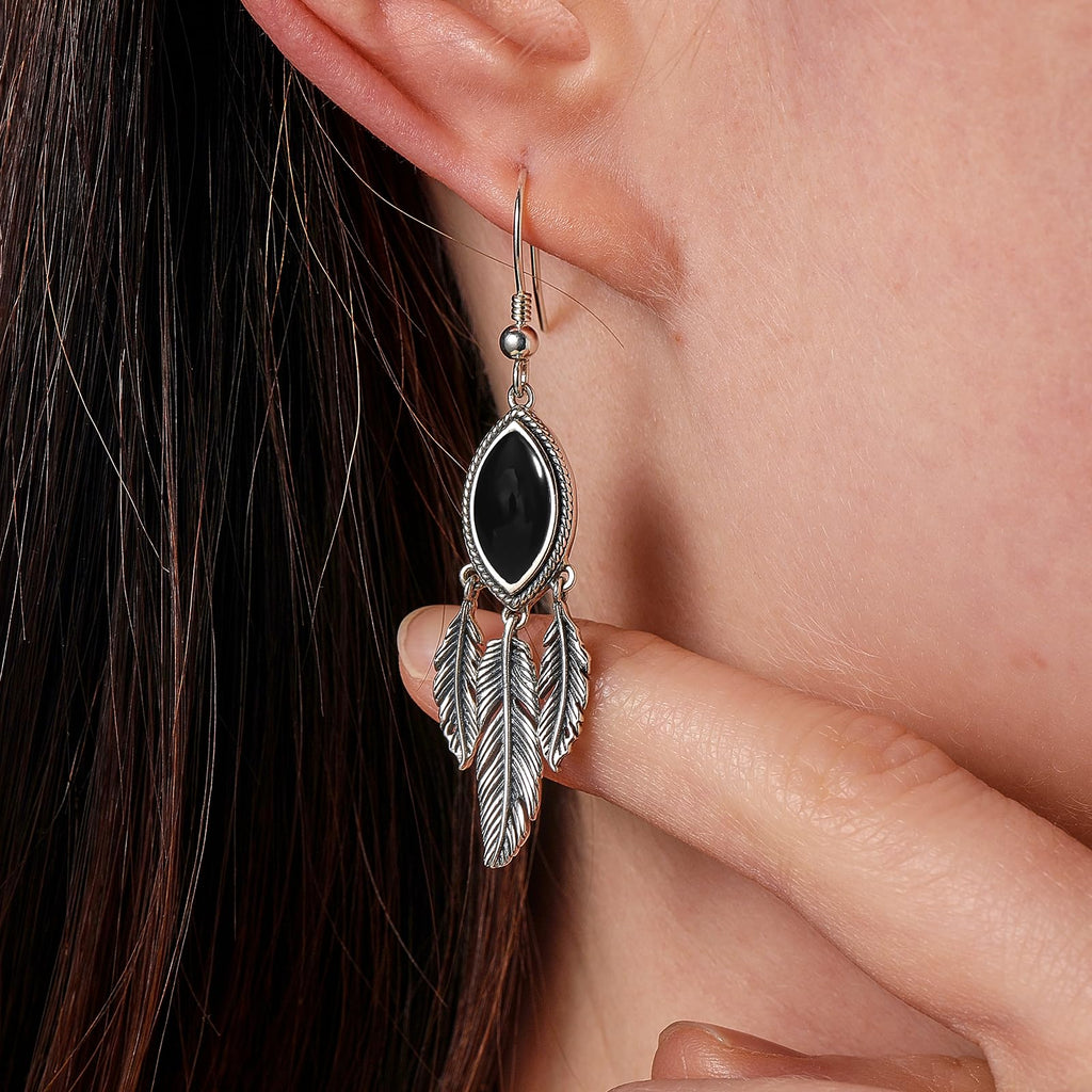 Feather Dangle Earrings for Women 925 Sterling Silver Earrings Turquoise/Labradorite/Black Onyx/Moonstone/Opal Drop Earrings with Feather Boho Vintage Leaf Hook Earrings Western Jewelry Gifts