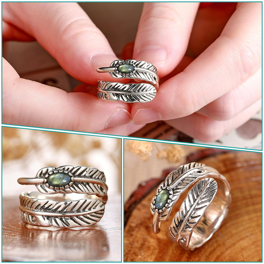 Sterling Silver Feather Ring with Black Onyx & Turquoise - Adjustable Stacking Vintage Statement Ring for Women & Men