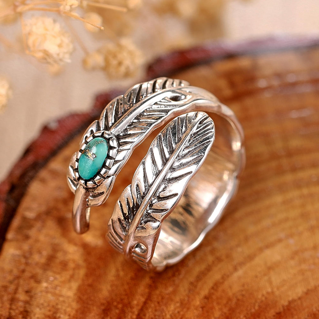 Sterling Silver Feather Ring with Black Onyx & Turquoise - Adjustable Stacking Vintage Statement Ring for Women & Men