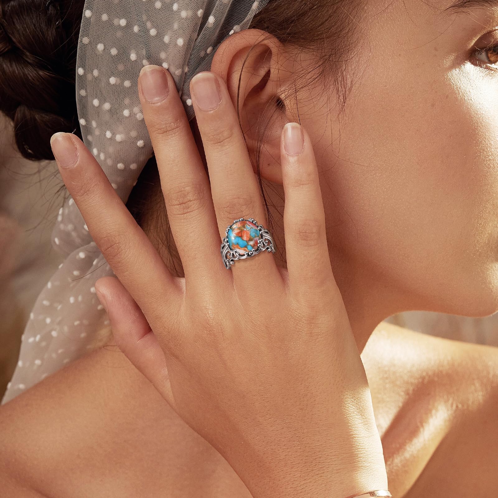 Turquoise Rings for Women 925 Sterling Silver Adjustable Ring Vintage Filigree Engagement Ring With Oval Turquoise Promise Rings for Her Birthday Jewellery Gifts