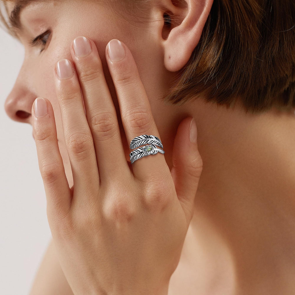 Sterling Silver Feather Ring with Black Onyx & Turquoise - Adjustable Stacking Vintage Statement Ring for Women & Men