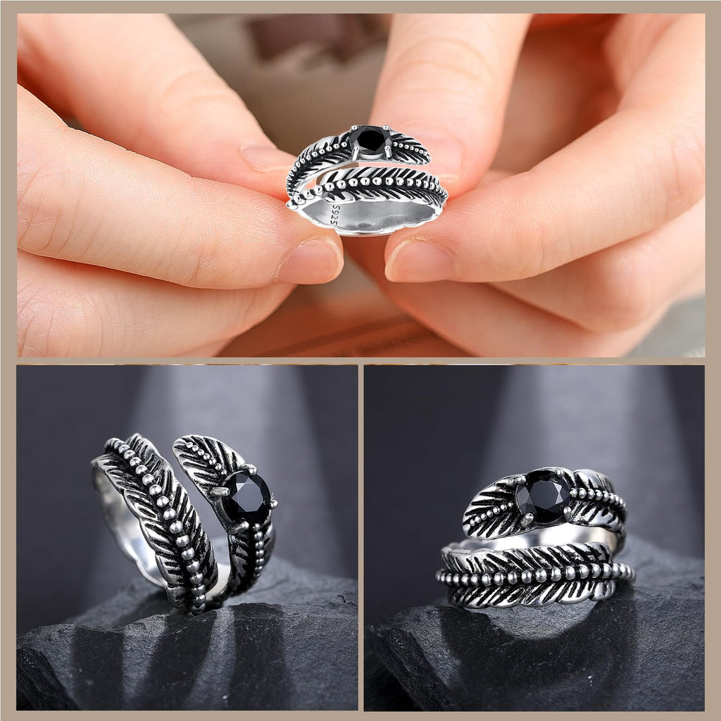 Sterling Silver Feather Ring with Black Onyx & Turquoise - Adjustable Stacking Vintage Statement Ring for Women & Men