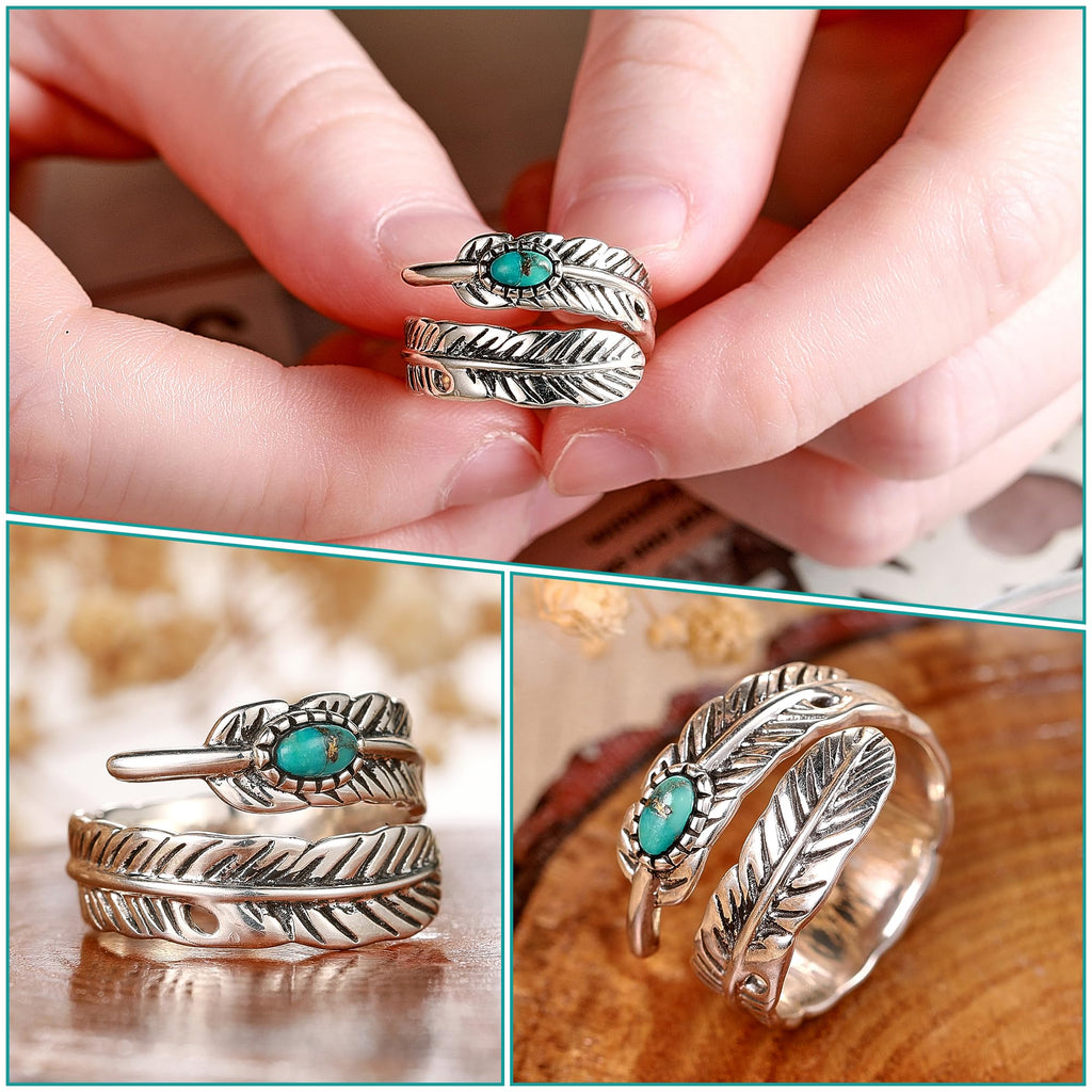 Sterling Silver Feather Ring with Black Onyx & Turquoise - Adjustable Stacking Vintage Statement Ring for Women & Men