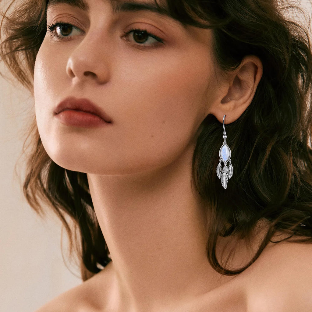 Feather Dangle Earrings for Women 925 Sterling Silver Earrings Turquoise/Labradorite/Black Onyx/Moonstone/Opal Drop Earrings with Feather Boho Vintage Leaf Hook Earrings Western Jewelry Gifts