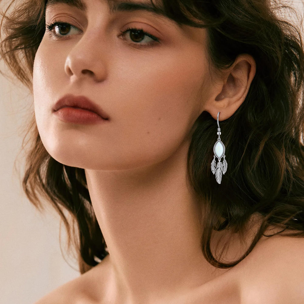 Feather Dangle Earrings for Women 925 Sterling Silver Earrings Turquoise/Labradorite/Black Onyx/Moonstone/Opal Drop Earrings with Feather Boho Vintage Leaf Hook Earrings Western Jewelry Gifts