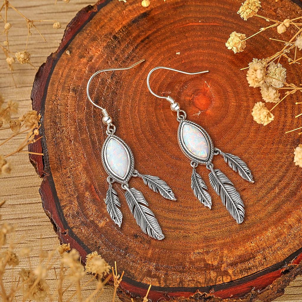Feather Dangle Earrings for Women 925 Sterling Silver Earrings Turquoise/Labradorite/Black Onyx/Moonstone/Opal Drop Earrings with Feather Boho Vintage Leaf Hook Earrings Western Jewelry Gifts