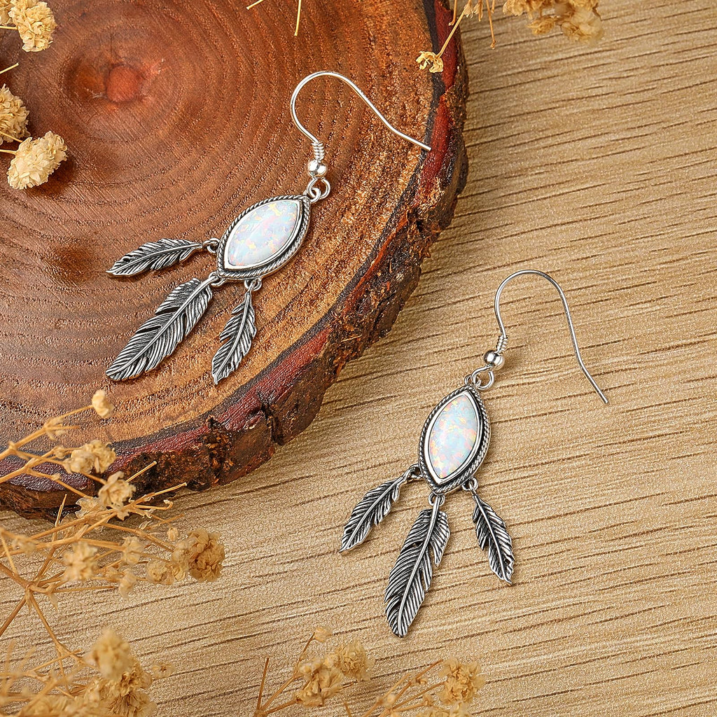 Feather Dangle Earrings for Women 925 Sterling Silver Earrings Turquoise/Labradorite/Black Onyx/Moonstone/Opal Drop Earrings with Feather Boho Vintage Leaf Hook Earrings Western Jewelry Gifts